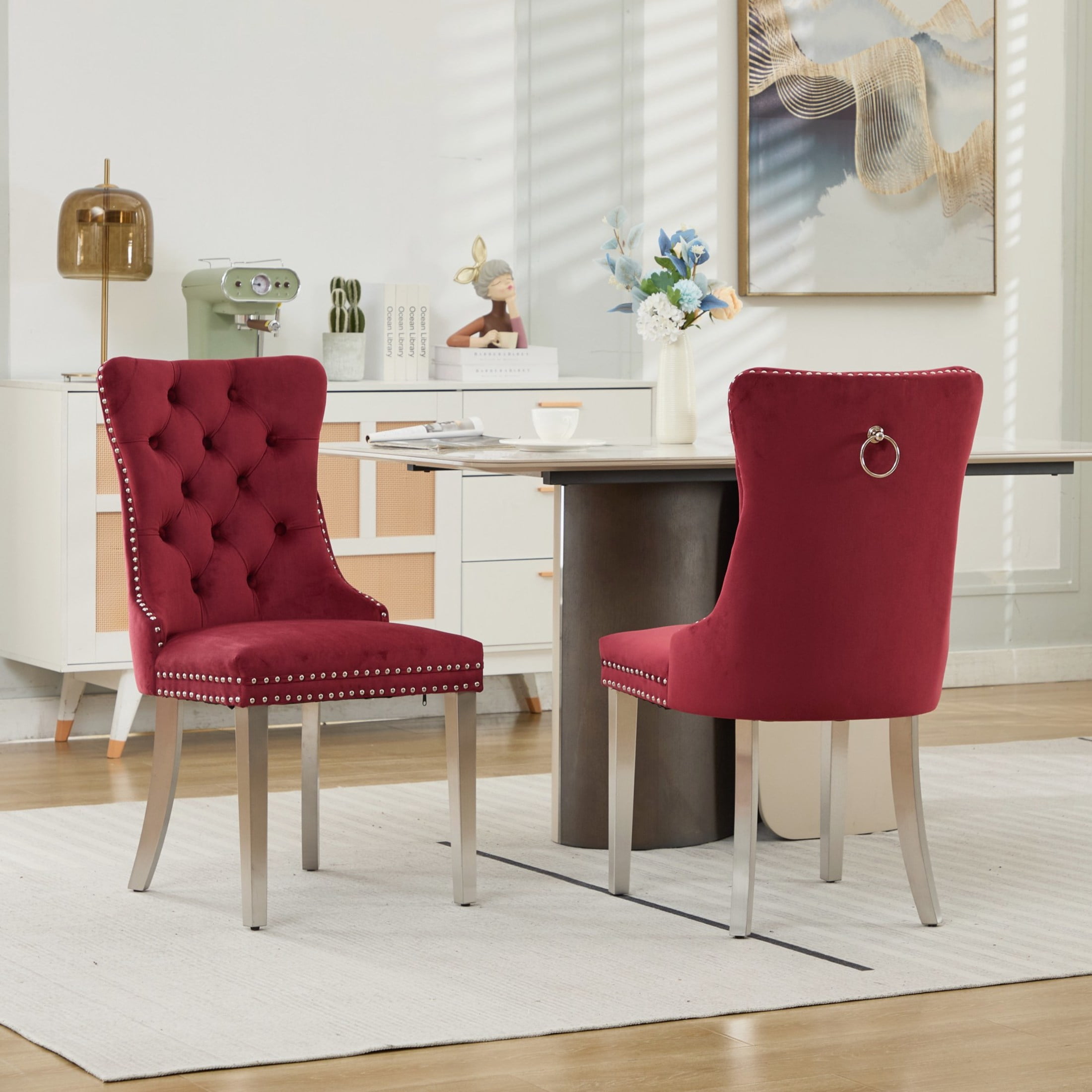 Noble House Set of 2 Upholstered Velvet Dining Chairs, Tufted Back, Chrome Legs, Wine Red