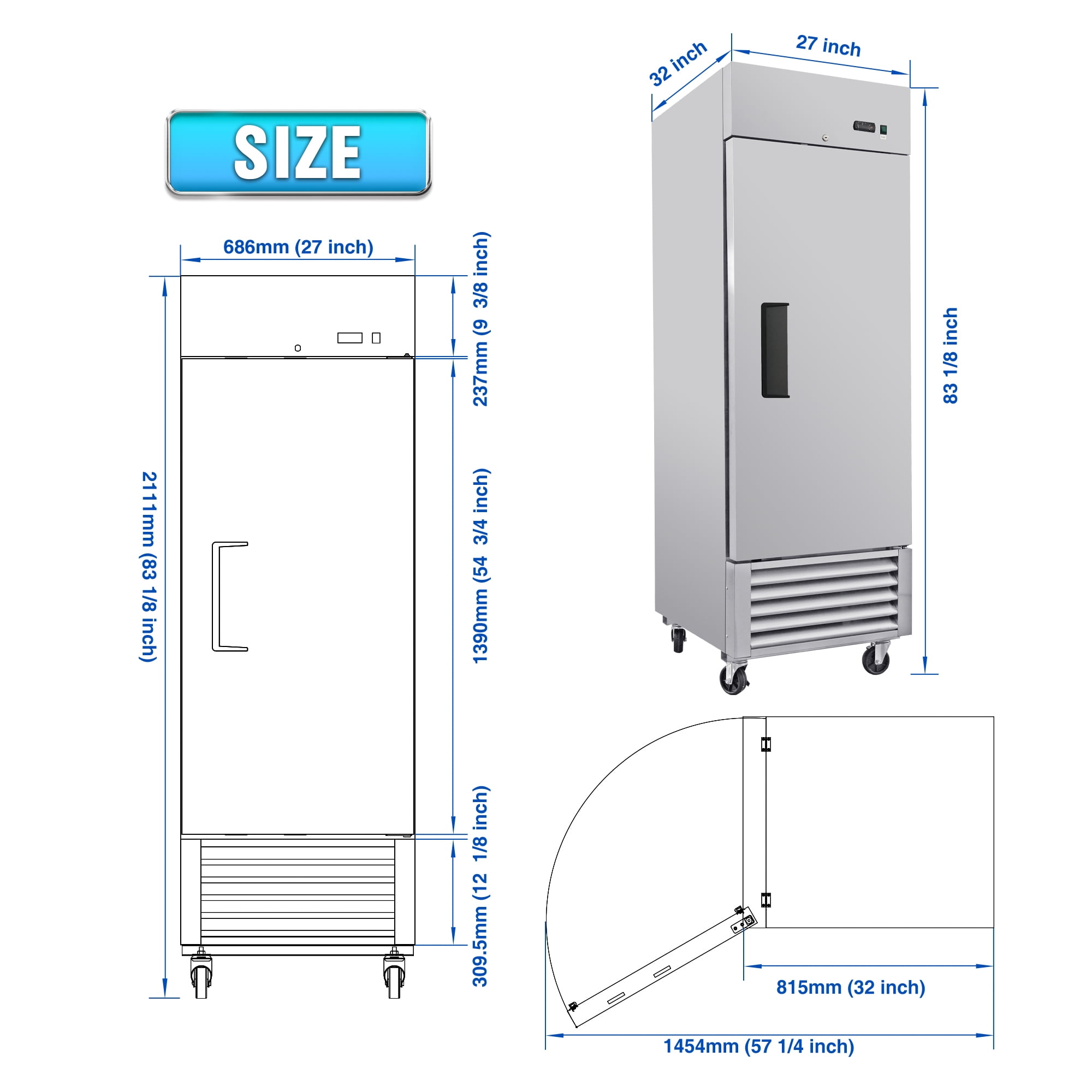 WHALLPRO 27" Commercial Refrigerator 23 Cu.ft with 1 Solid Door Reach-In Refrigerators Stainless Steel ETL Approved Upright Fridge Storage