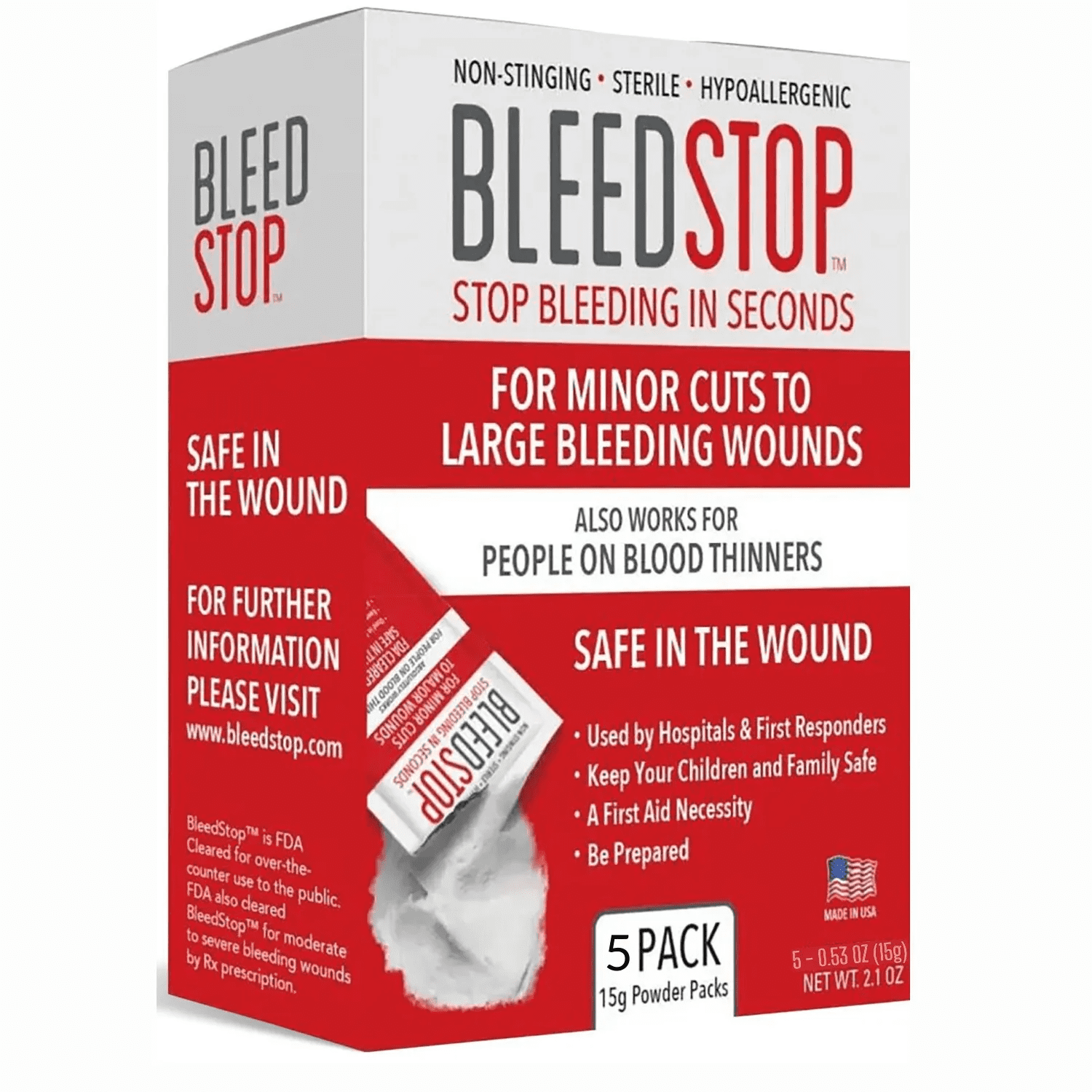 BleedStop First Aid Powder for Blood Clotting, Trauma Kit - 5 PK (15g) Pouches