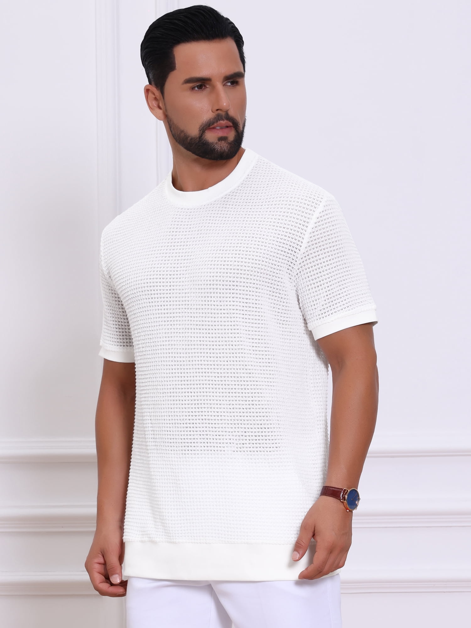 DARING DIVA Men's Waffle Short Sleeve Crew Neck Solid Knitted T-Shirt M White
