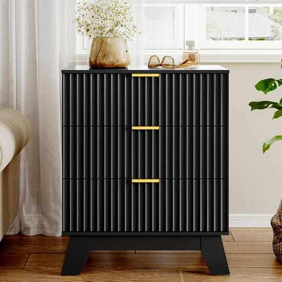 Fluted 3 Drawer Dresser for Bedroom, Mid Century Modern Beside Table with Metal Handle, Wooden Nightstand with 7 Drawers End Table for Living Room, Closet, Entryway, Black