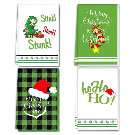 Set of 4 Christmas Kitchen Towels Merry Christmas Decor Stink Stank Stunk Hand Towels Xmas Dish Towels for Cooking Cleaning