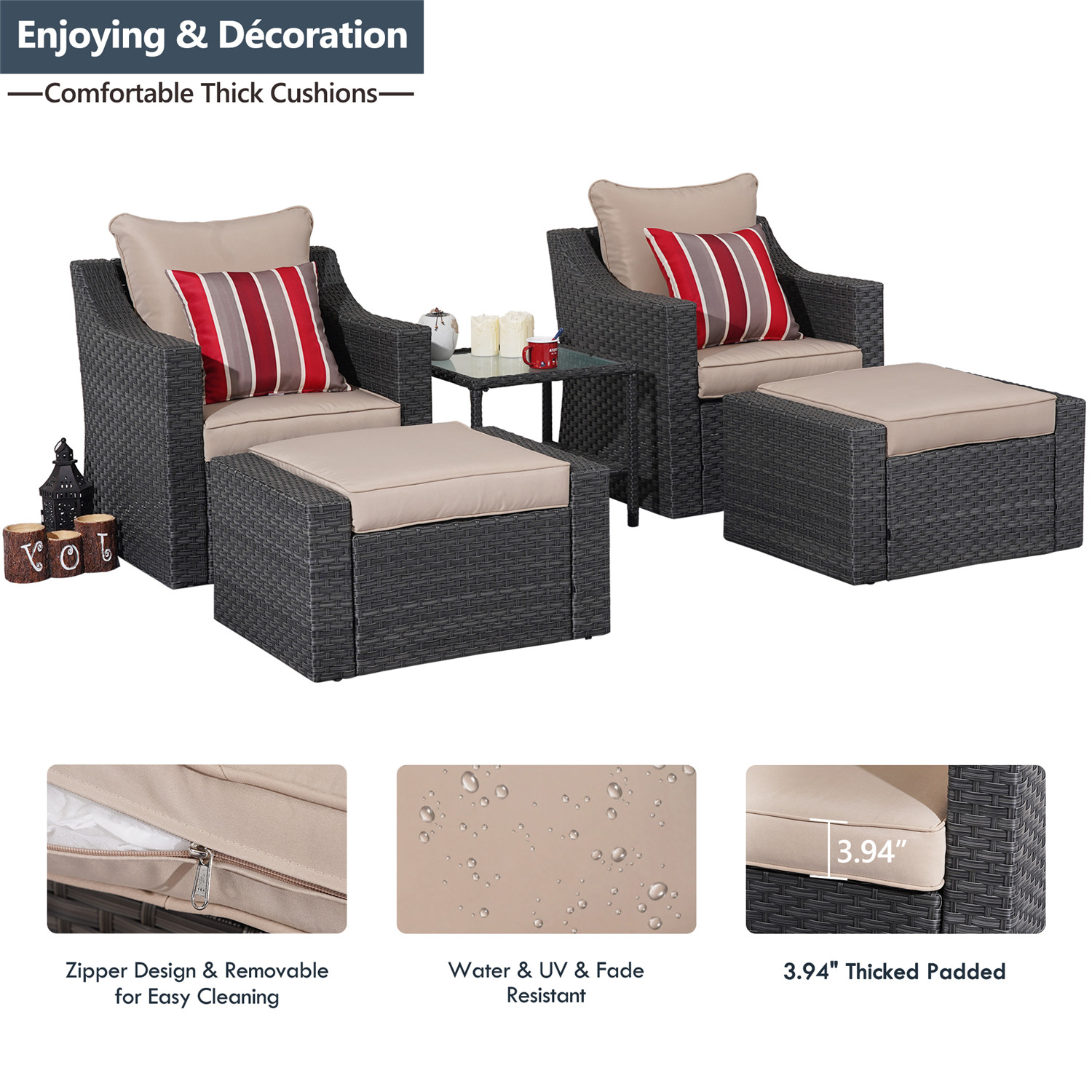 5 Pcs Outdoor Patio Furniture Set All Weather PE Rattan Wicker Cushioned Sectional Sofa Chairs with Ottomans and Side Table, Khaki - image 3 of 7