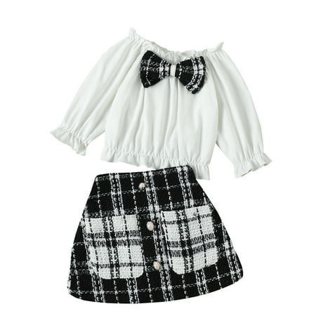 

AIMAOMI Kids Toddler Baby Girls Autumn Winter Cotton Long Sleeve Bow Tie Tops Plaid Skirts Headbands Set Clothes H