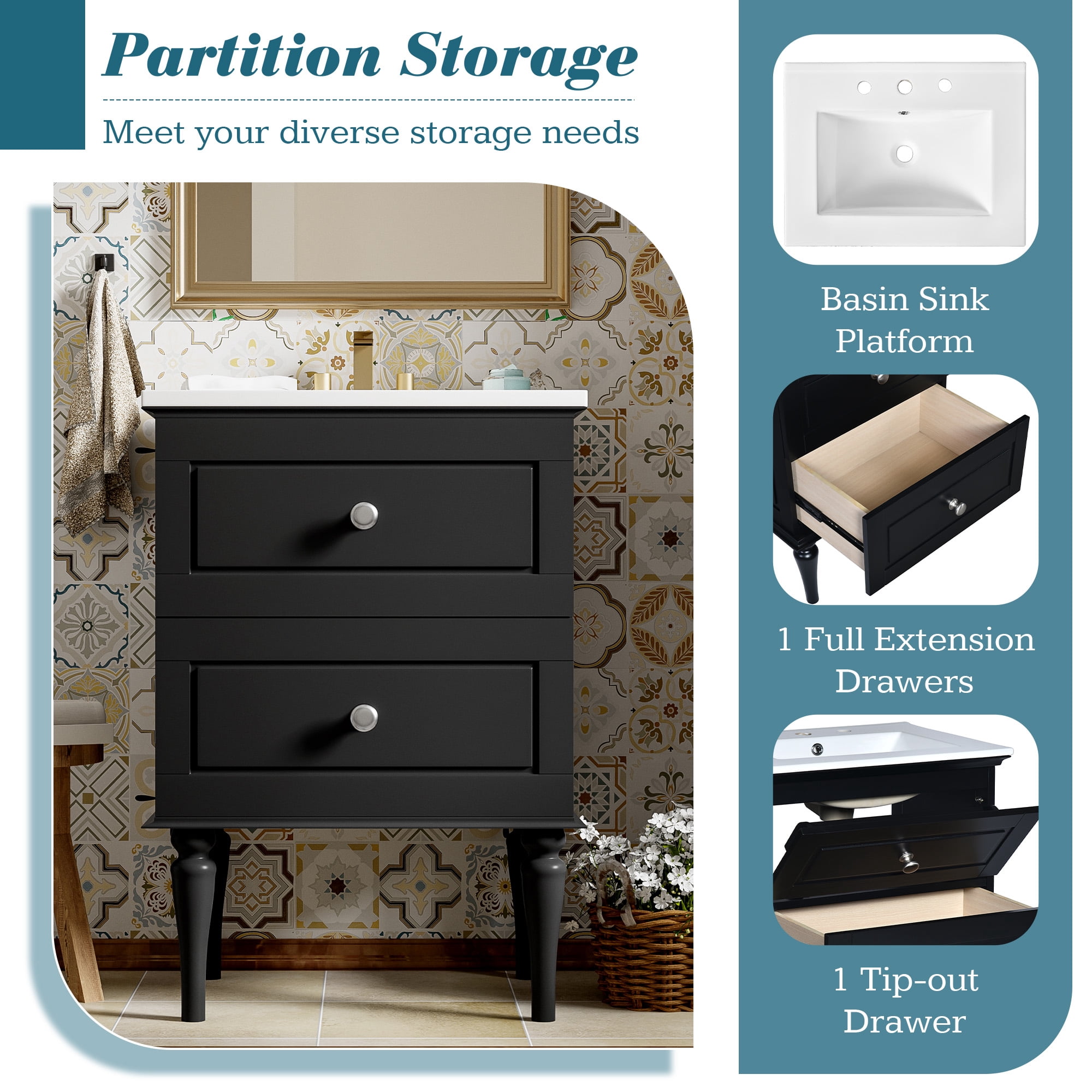 Euroco 24'' Bathroom Vanity Cabinet with Ceramic Sink Combo Set, Solid Wood Frame Modern Bathroom Storage Cabinet with 2 Drawers