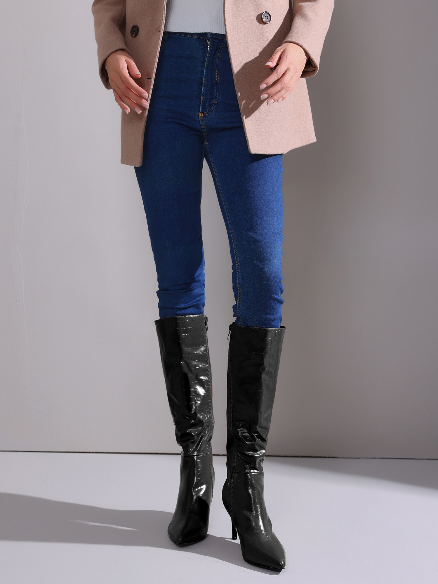 DARING DIVA Women's Stylish Stiletto Heels Knee High Boots with Pointed Toe Black 9.5
