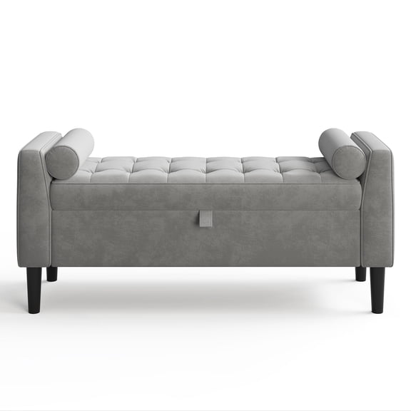 Light Gray Tufted Storage Ottoman Bench With Rolled Armrests And Black