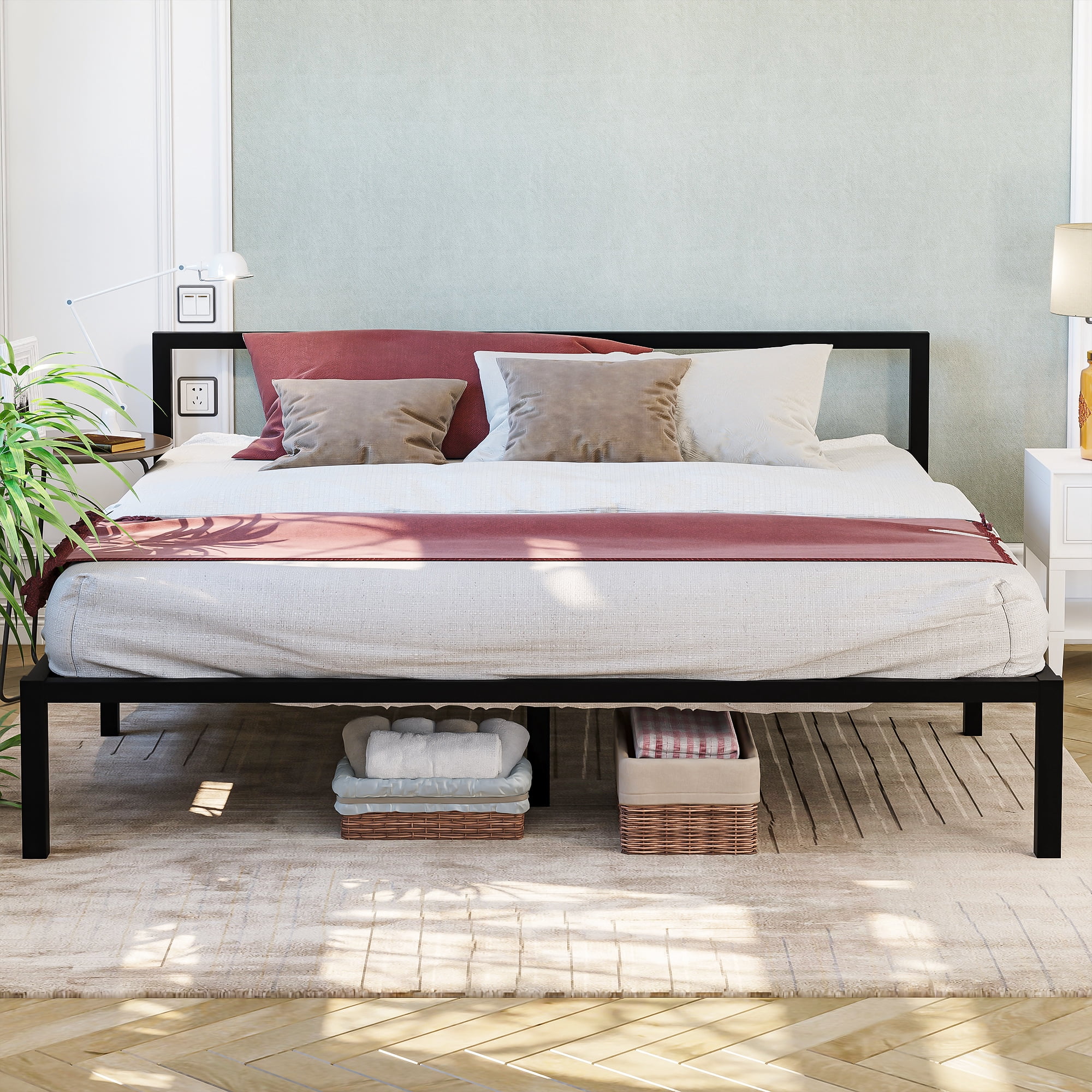 Dextrus King Size Metal Bed Frame with Modern Headboard No Box Spring Needed,Black