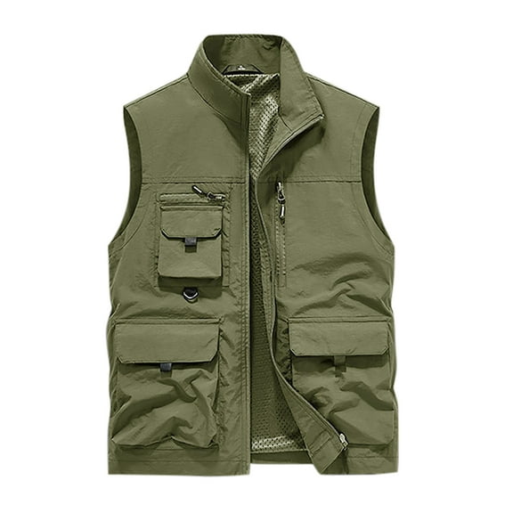 TFEOQRY Hoodless Vest for Men Solid Color Zipper Outdoor Sports Workwear Jackets Waistcoat Sleeveless Outwear Olive Green