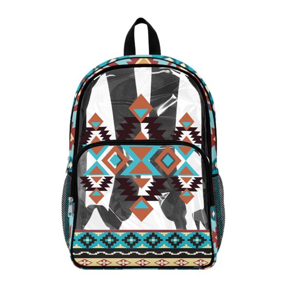 SEANATIVE Kids Clear Backpack with Front Pocket Adjustable Straps Transparent Clear Bag Girls See Through Travel Stadium School Bags PVC Bookbag, Aztec Ethnic Pattern