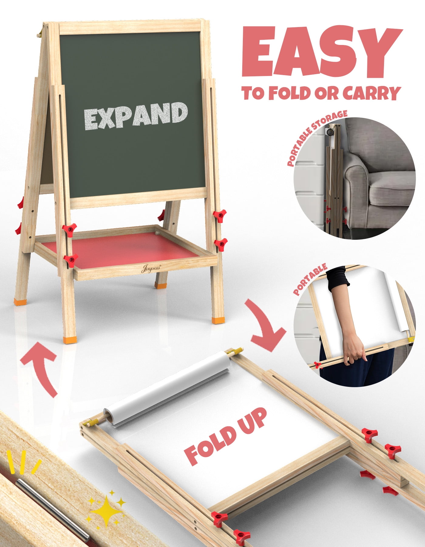 JOYOOSS Easel for Kids Art Easel Kids Easels for Toddlers Easel,Dual-Sided Adjustable Wooden Magnetic Board for Kids 106-RED