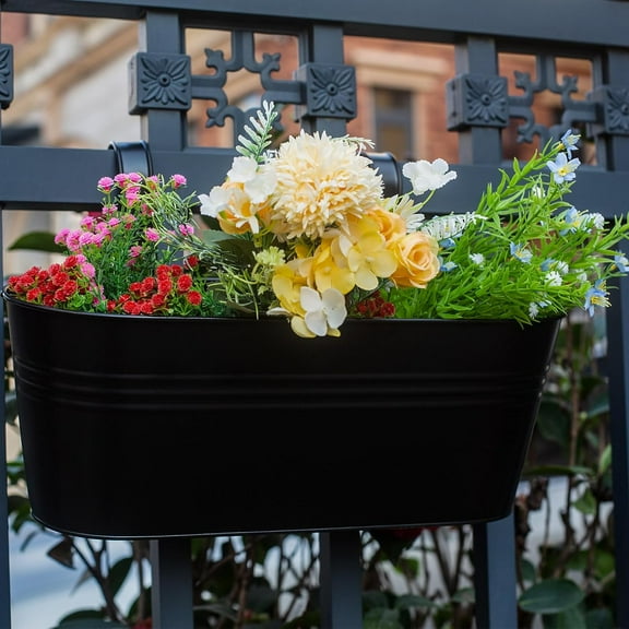 Balcony Planters 16 Inch Railing Hanging Metal Planters with Hooks for Outdoor Plants Flower Boxes for Fence Deck 3 PCS (Black)