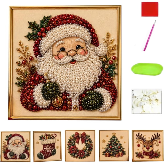 2026 Christmas Pearl Diamond Painting Art Kit with Frame, DIY Pearl Beads Art Craft Kit for Adults Beginner, Gemstone Diamond Dots Beads for Home Decor Wall Art, Party Gift