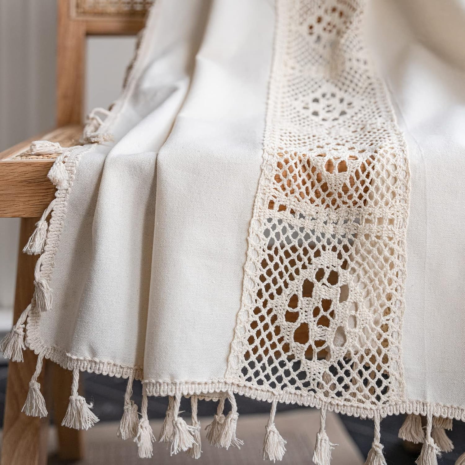 Vireellx Boho Curtains for Bedroom, Cream Hollow Crochet Stripes and Florals Print Cotton Linen Fabric Patchwork, Bohemian Beige Tassel Semi-Blackout Window Panel Farmhouse Drape