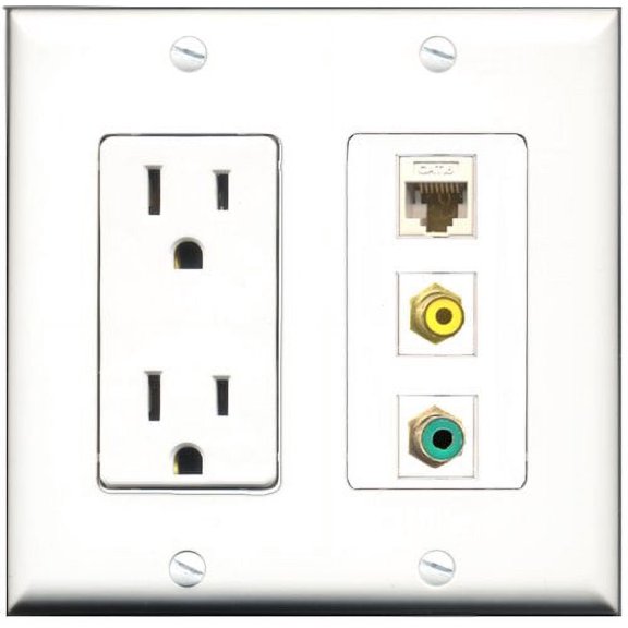 RiteAV - 15 Amp Power Outlet 1 Port RCA Yellow 1 Port RCA Green 1 Port Cat6 Ethernet Ethernet White Decorative Wall Plate