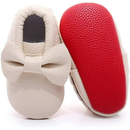 Double Bow Fringe Baby Moccasins - Soft Sole Baby Shoes Girls Toddler Crib Flats