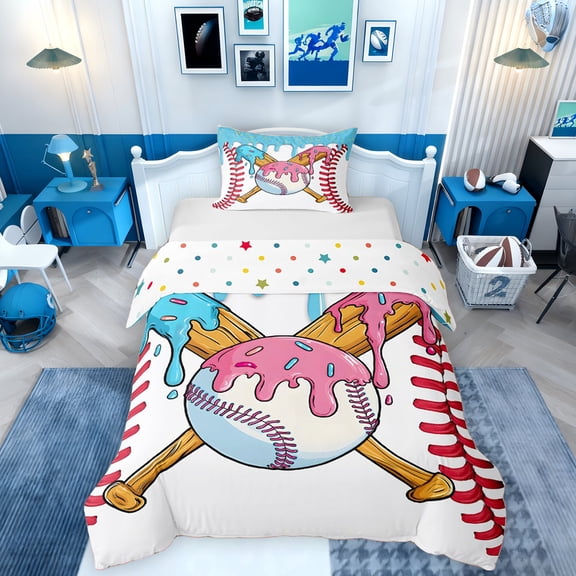Erosebridal Baseball Sport Twin Bedding for Kids Boys Girls, Ice Cream Drip Duvet Cover Set, Colorful Polka Dots Reversible, 1 Duvet Cover and 1 Pillowcase (No Comforter)