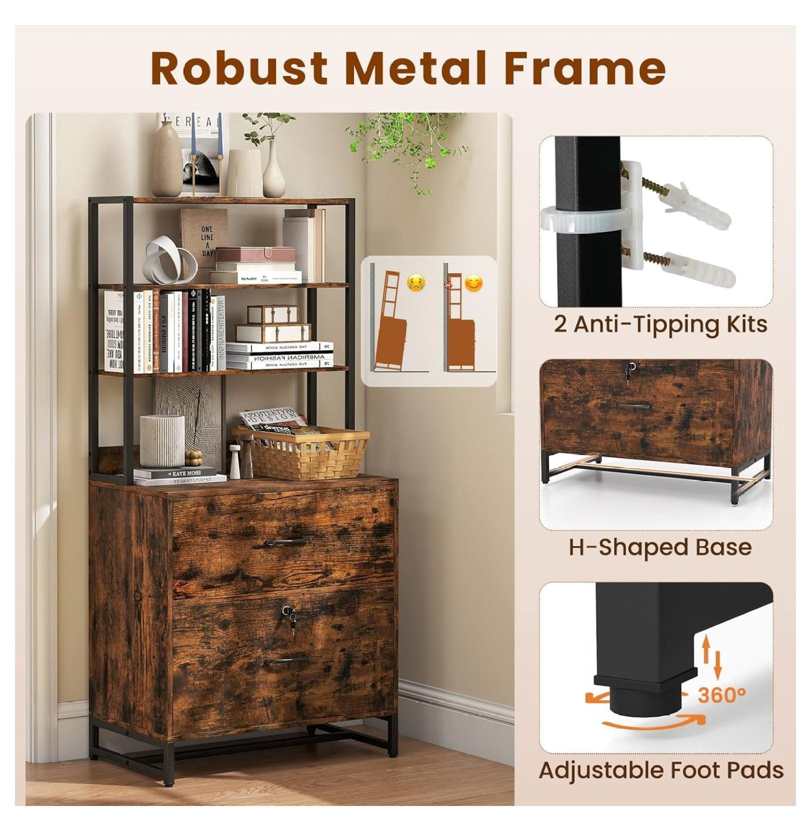 File Cabinet, 2 Drawer File Cabinet with Open Shelves & Anti-toppling Device, Industrial Lateral File Cabinet with Lock for Letter Size File Folders, Rustic Large Printer Stand, Rustic Brown
