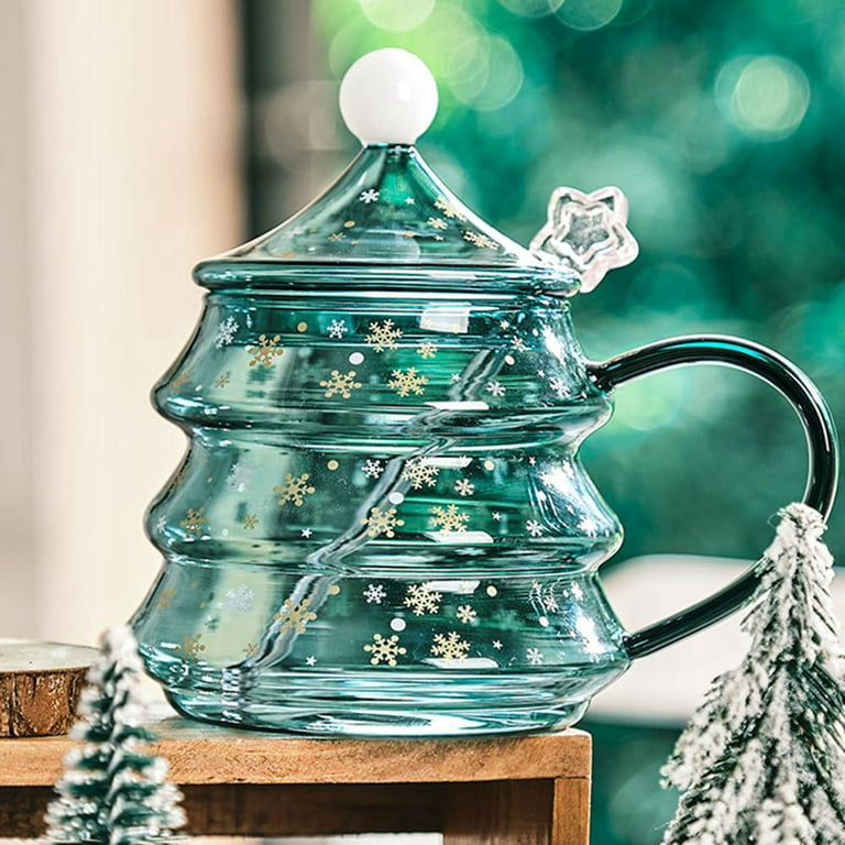 1pc Cute Double-layer Christmas Tree Shaped Glass Mug With Handle, Lid,  Ideal For Office, Home, Gift Giving
