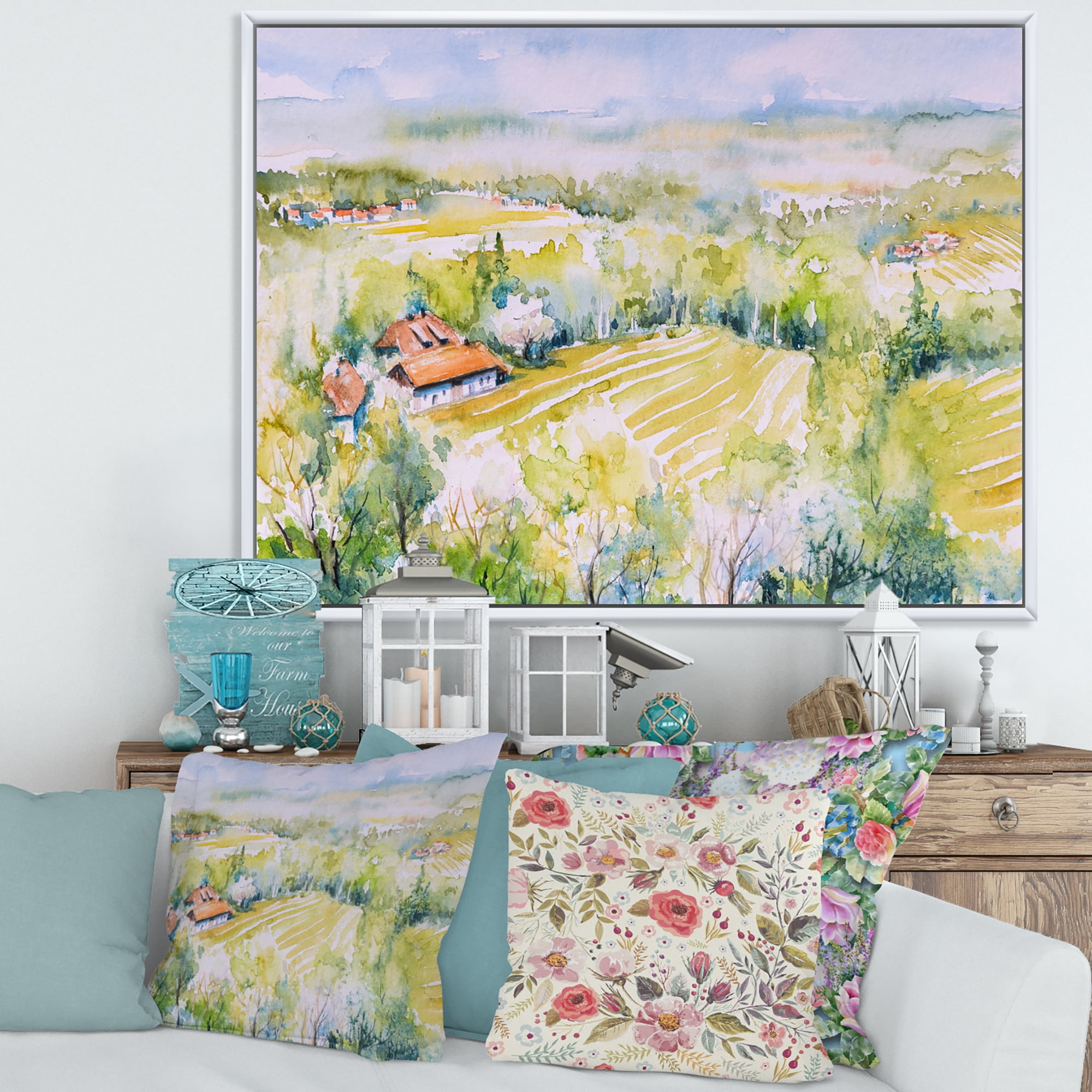 Designart 'Abstract Blossoming Green Fields In Countryside ' Country Framed Canvas Wall Art Print
