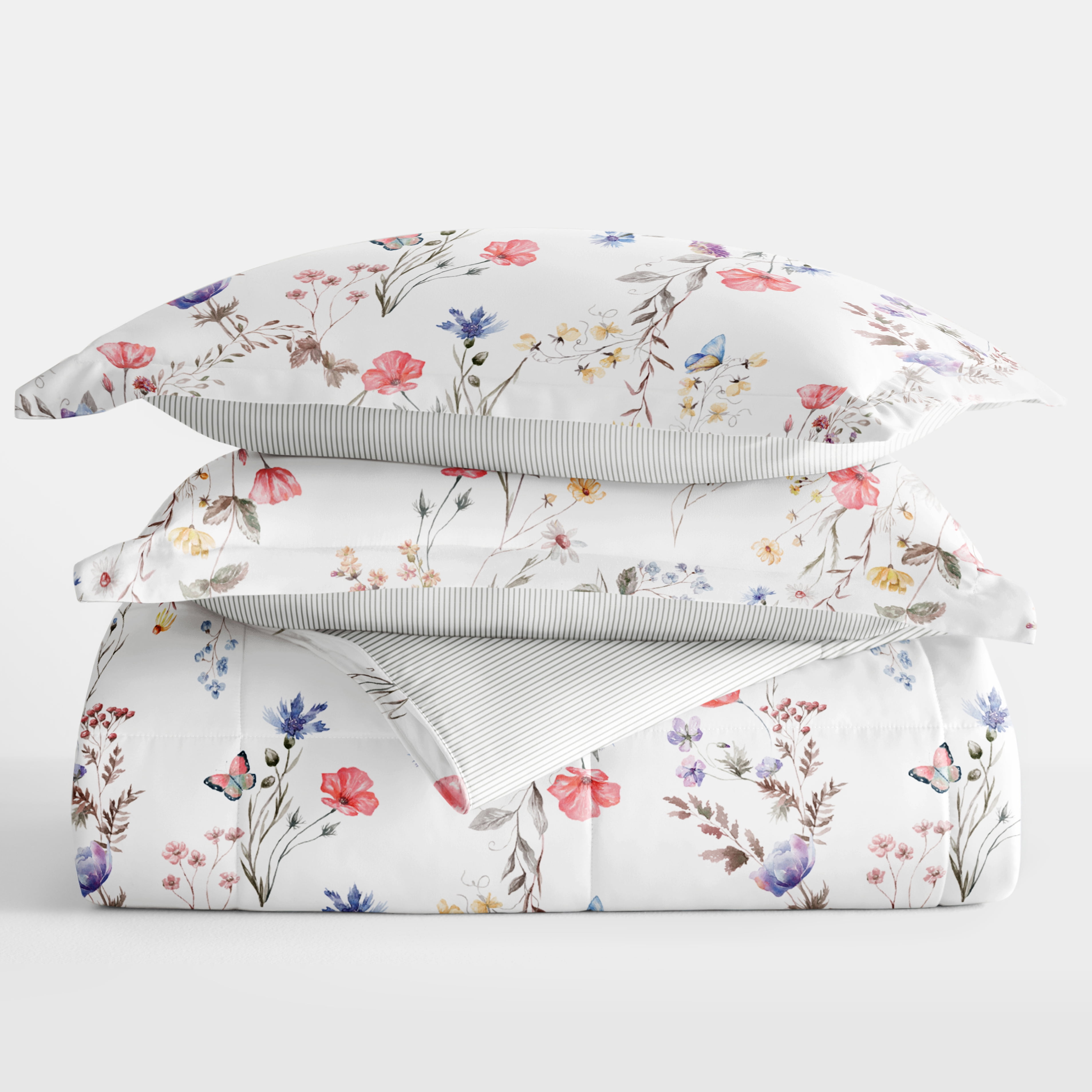 Noble Linens Down Alternative Meadow Floral Stripe Pink Reversible Comforter Set