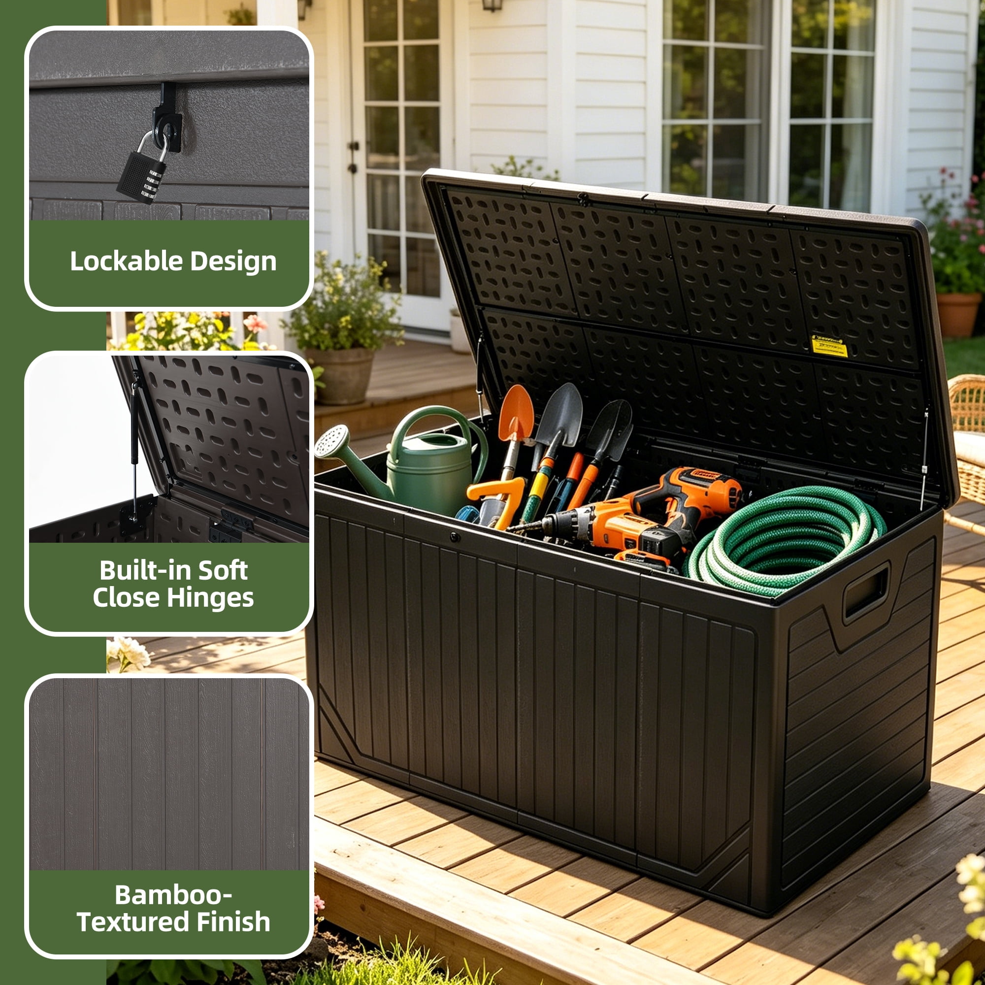 Uforic 300 Gallon Extra Large Outdoor Deck Box, Double-Wall Waterproof Lockable Resin Storage Box, Multipurpose Patio Storage Bin for Garden Tools Pool Supplies, Black