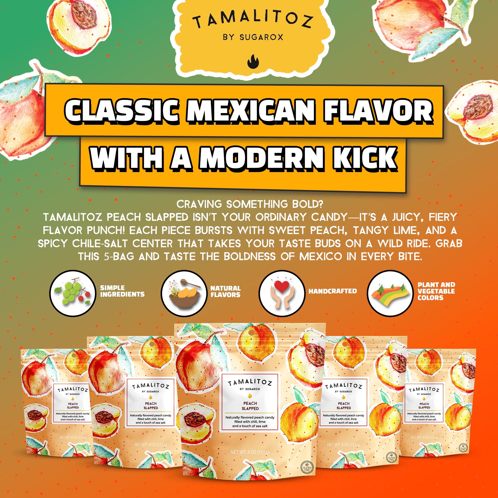 Tamalitoz Peach Slapped – Mexican Candy Spicy Peach Hard Candy with Chile, Lime & Sea Salt – Handcrafted Fruity Candy, Gluten-Free, Kosher, No Artificial Colors – 5 Bags, 4oz Each