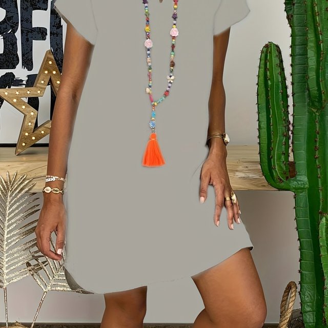 Vestidos Casuales Con Cuello En V Sueltos, Vestidos De Verano De Manga Corta Con Cuello De Solapa De Longitud Media, Ropa De Mujer
