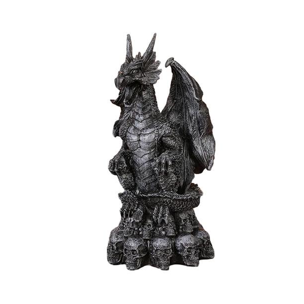 Escultura de estatua de dragón con esqueleto de hueso de resina, decoración posada sobre una estatua de animal. Negro