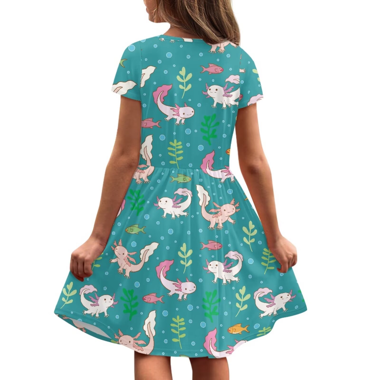 Uourmeti Axolotl Short Sleeve Dress for Toddler Girls Cute Wedding Party Swing Dresses Summer Soft Crew Neck Midi Dress with Pockets