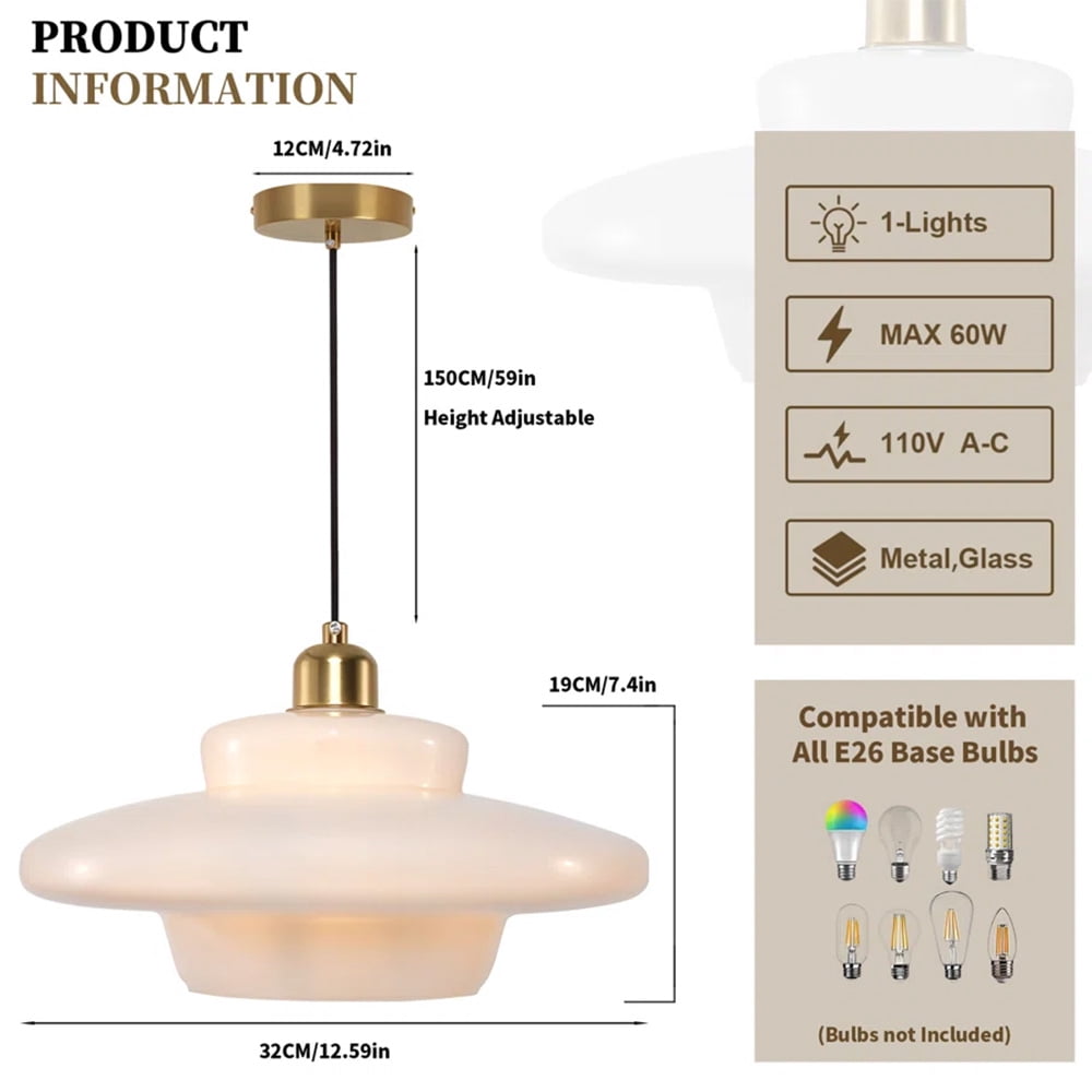 Mid Century Pendant Light Fixtures E26 Modern Gold Brass Kitchen Island Chandelier Lamp Milk White Glass Large Pendant Lamps for Dining Table Bedroom Hallway