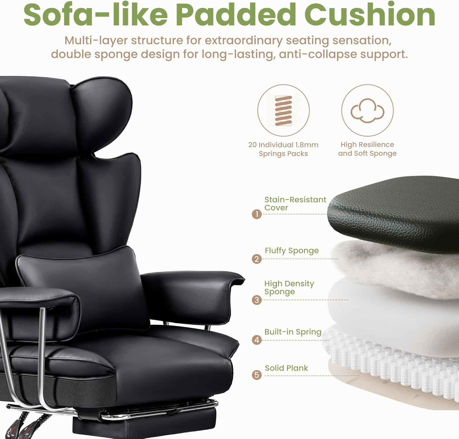 Woodty Executive Chair, PU Leather, High Back & Lumbar Support, Adjustable Armrests, Black