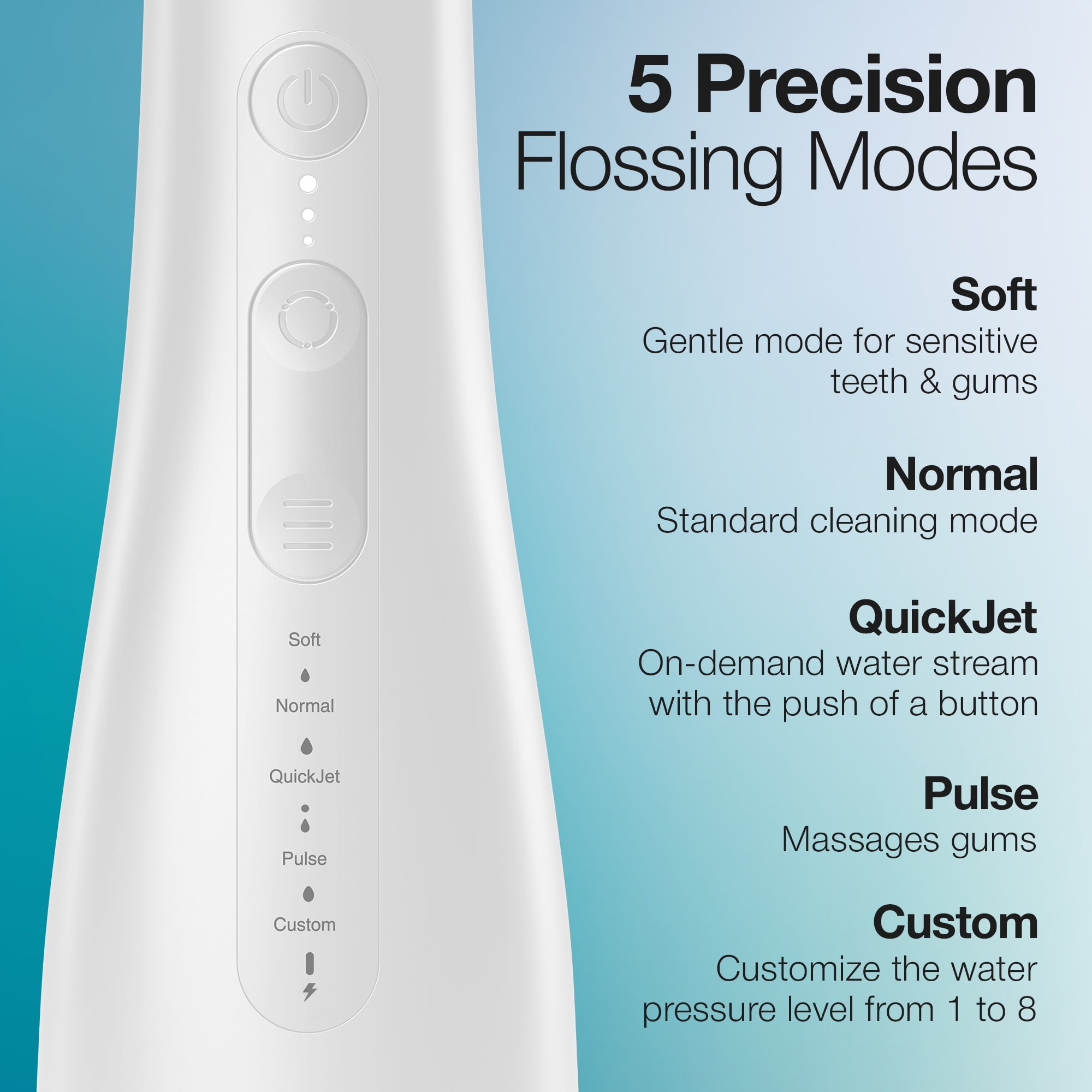 Aquasonic Precision Flosser, Rechargeable Cordless Water Flosser with 4 Modes, 8 Pressure Levels, 2 Tips & Travel Bag, White