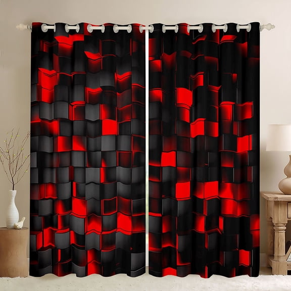 Castle Fairy Black Red Grid Black Out Curtains,Checkered Curtains Pack of 2 (42x63 Each)