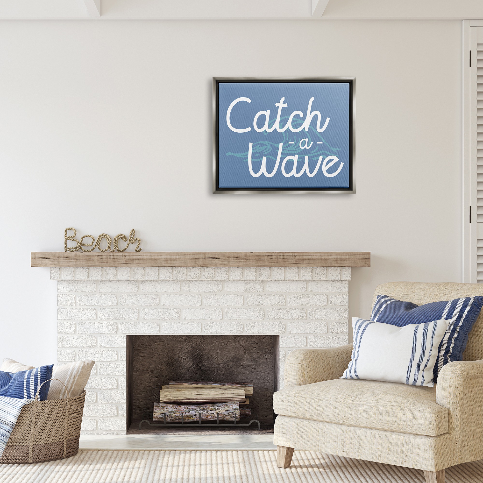Stupell Industries Catch a Wave on Blue Landscape Painting Gray Floater Framed Canvas Art Print Wall Art, 31 x 25