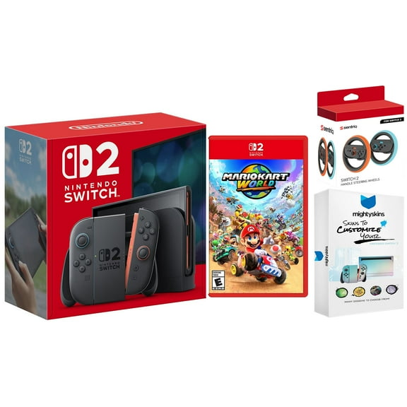 Nintendo Switch 2 Console with Mario Kart World, Sentriq Joy Con Steering Wheel Set and MightySkins Custom Skin Bundle