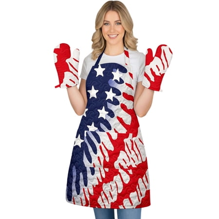 adaychics Oven Mitts and Apron Set Quilted American Flag Vintage Patriotic Kitchen Mitts with Apron for Kitchen