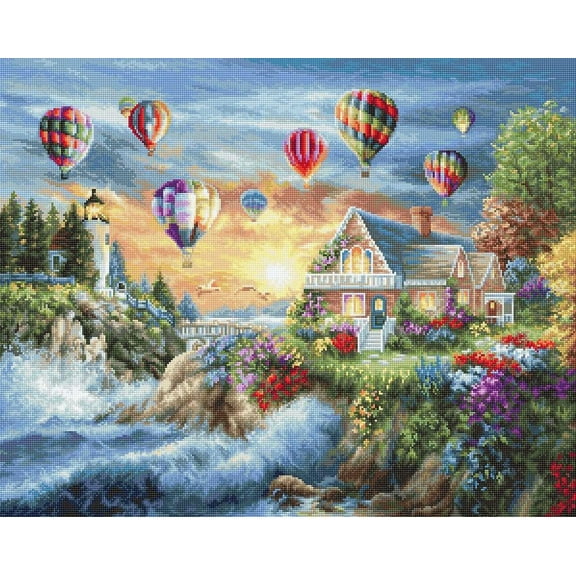 Counted Cross-Stitch Kit Balloons over Sunset Cove B614L Needlework Tree Gras Green Sky Water By Luca-S