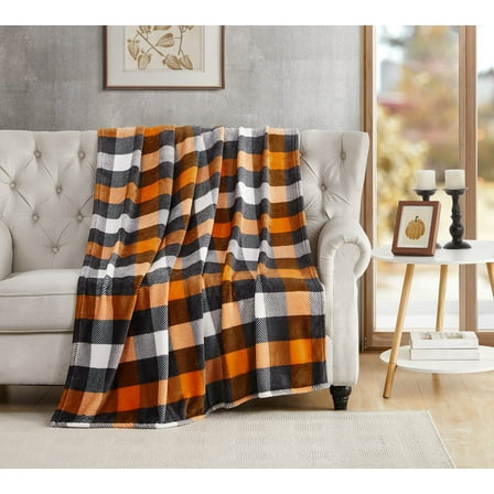 Kate Aurora Autumn Accents Fall Halloween Harvest Plaid Ultra Soft Oversized Accent Plush Throw Blanket - 50 In. X 70 In.