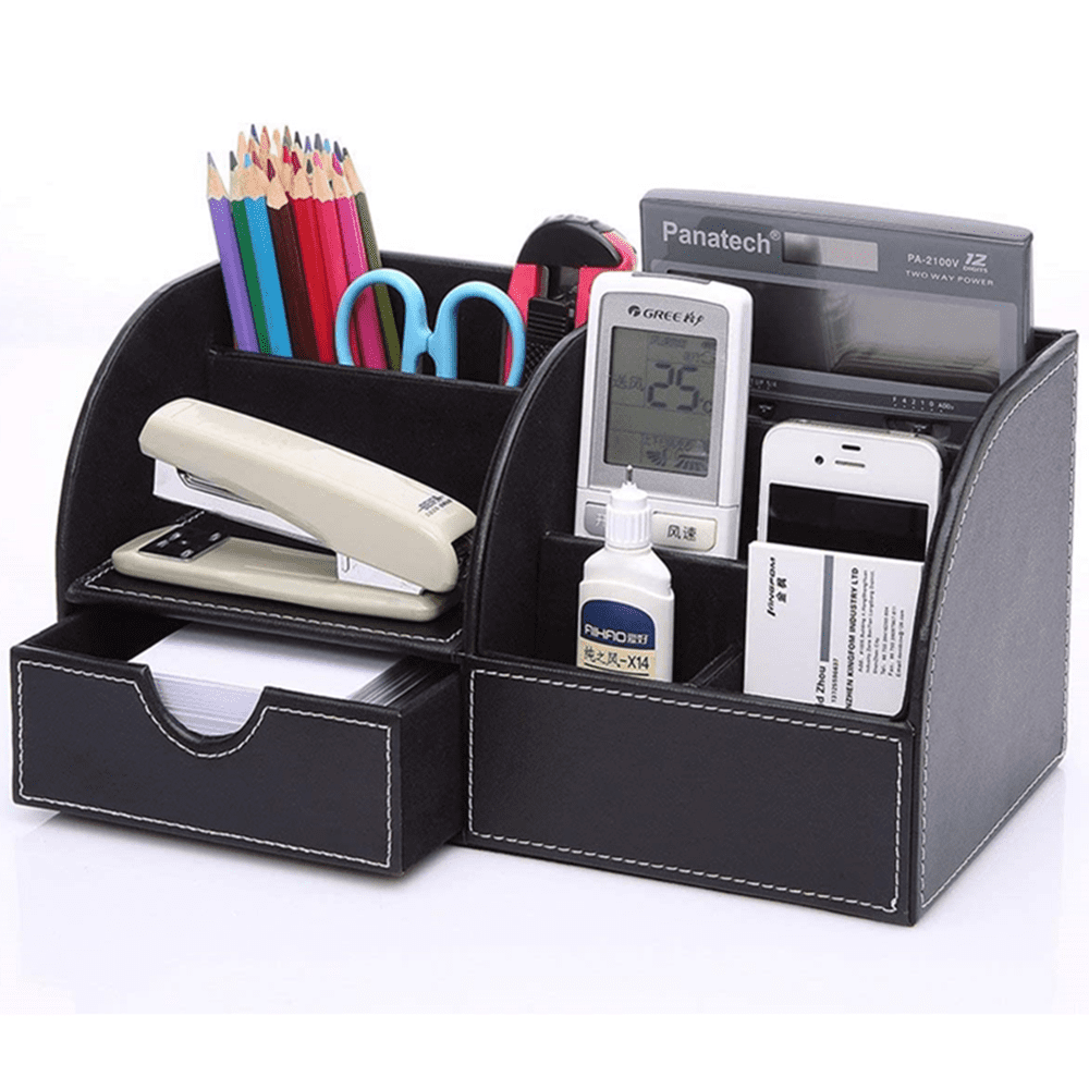 KINGFOM School Office Desk Organizer Multifunctional PU Leather Desktop Storage Box Business 