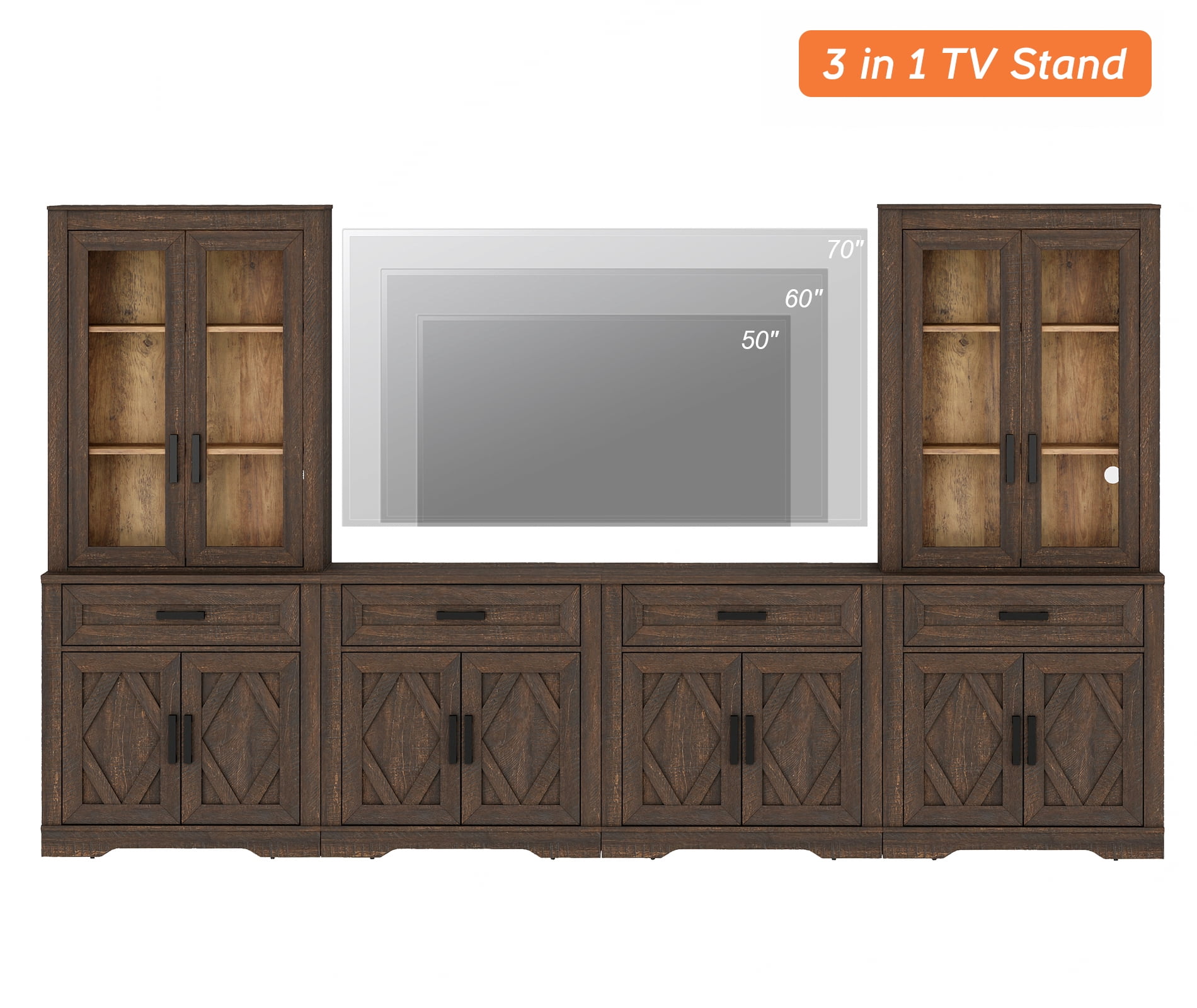 WAMPAT Farmhouse Entertainment Center with Bookshelf for TVs up to 70",Mid Century Modern TV Stand with 73"H Tall 5-Tier Bookcase with Open Storage and Barn Doors for Living Room,Bedroom,Rustic Brown
