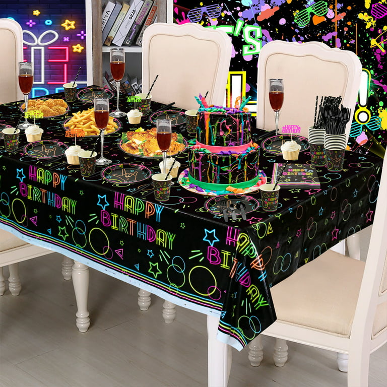 Glow Neon Party Supplies - Neon Balloon, Glow in the Dark Happy Birthday  Banner, Hanging Swirls, Cake Topper, Tablecloth, Plates, Napkins, Cup for