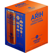ARIH Postbiotic Energy Drink, Zero Sugar Clean Energy Drink with 100mg Natural Caffeine, Orange Hour, 12 fl oz, 4 Pack
