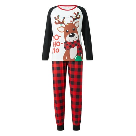 

Gureui Christmas Matching Family Pajamas Set Long Sleeve Cute Cartoon Elk Letter Print T-Shirt + Plaid Pants Sleepwear Set for Adult/Kid/Baby