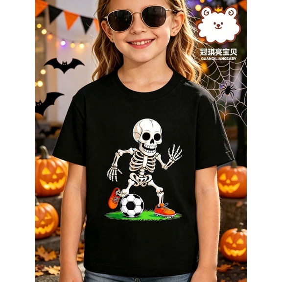 Halloween Boys T-Shirt Skeleton Playing Soccer On Grass 100% Cotton Short Sleeve Tees Gift For Kids