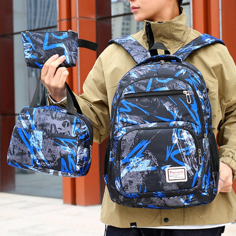 Tyethy School Backpack Printed Kids School Bag Set with Lunch Box Pencil Bag for Boys, Blue