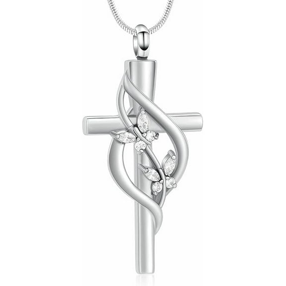 Butterfly Cross Urn Necklace for Ashes With Birthstone Men Women Cremation Jewelry Ashes Pendant for Human Memorial Ash Jewelry