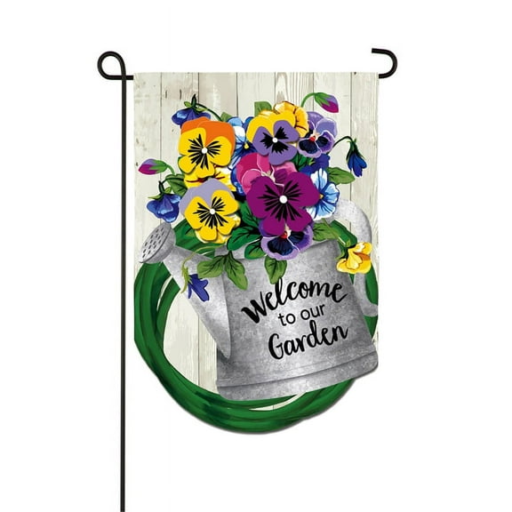 Evergreen Flag, Shaped Pansy Watering Can Garden Linen Flag, 18'' x 0.2'' inches