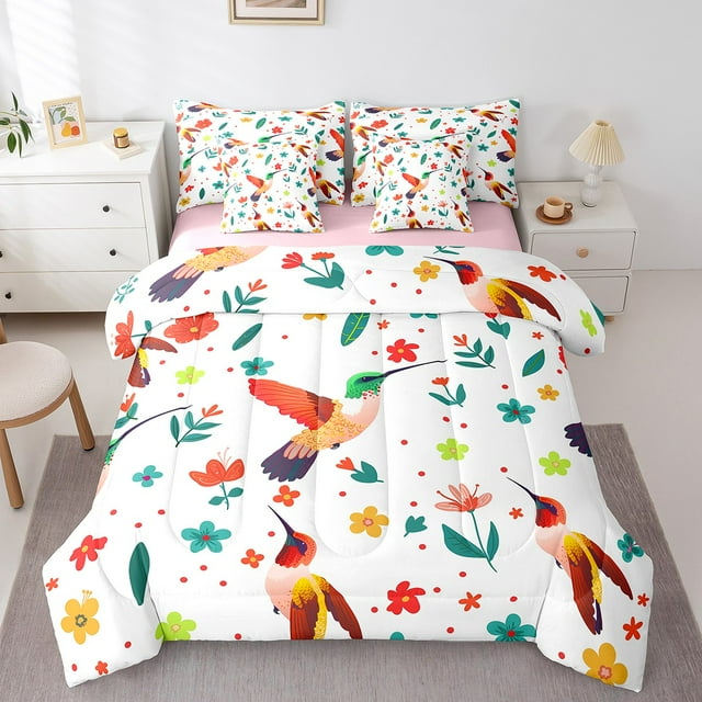 YST Hummingbird Ensemble de Douillette 7 Pcs, Grand Lit, Feuilles et Fleurs Colorées