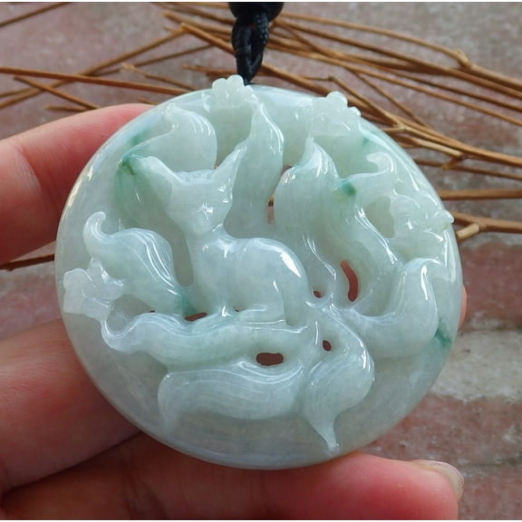 Certified Green Burma Natural A Jade jadeite Pendant Fox Flower Circle Necklace 586553 TN